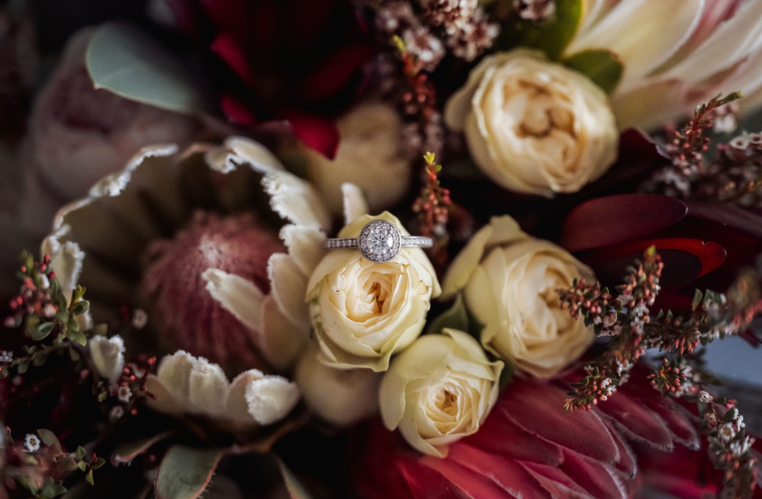 loxton's st peter's church wedding - madeline & brayden 19 Diamond engagement ring on cream rose in romantic wedding bouquet.