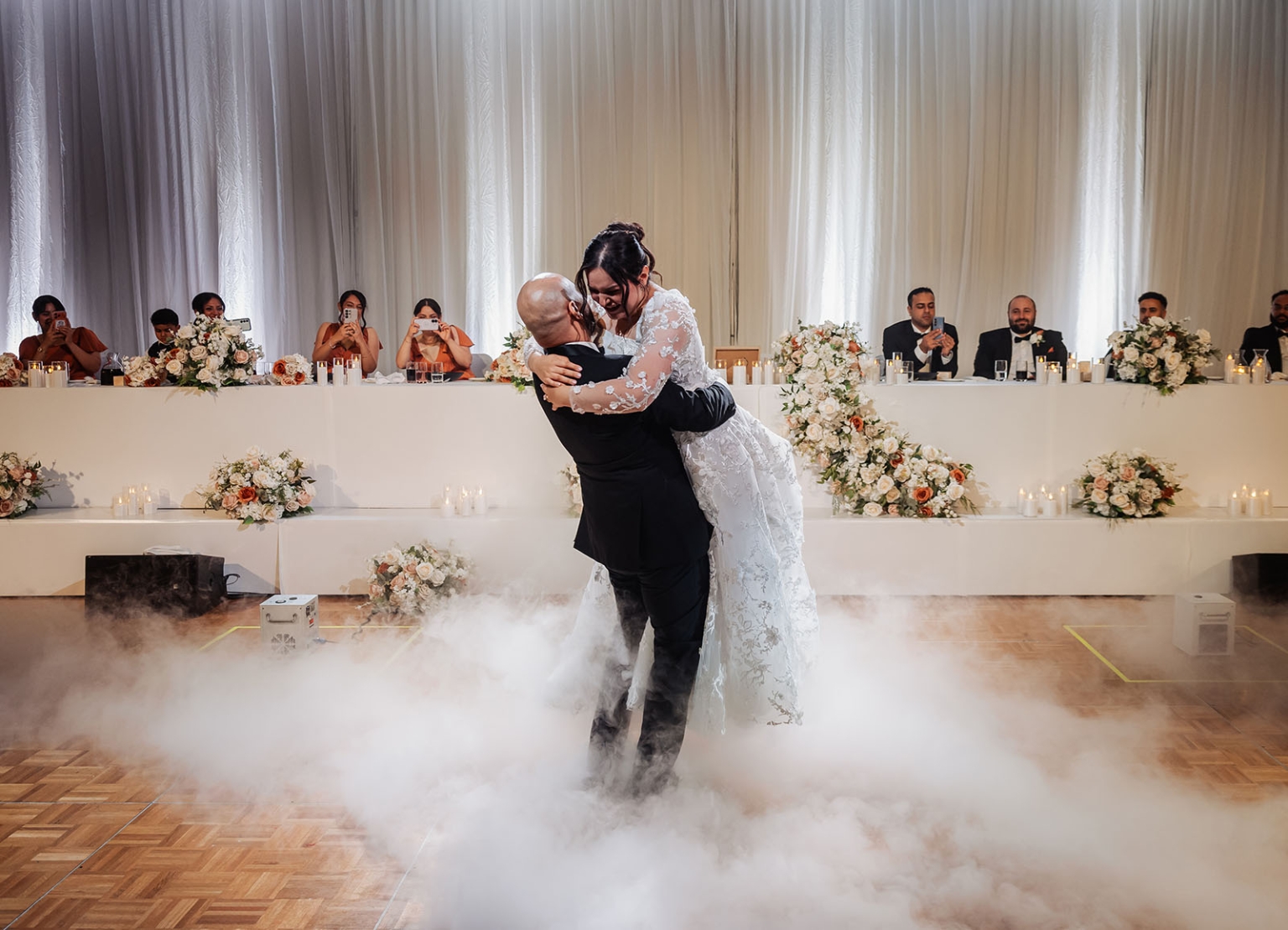 st george & st shenouda coptic church wedding - carmina & bill 93 Bride and groom romantic first dance in fog at elegant wedding reception.