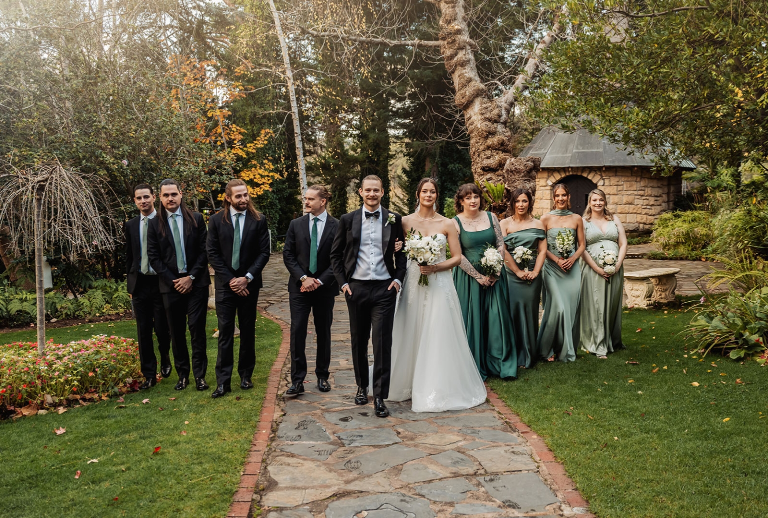 the manor wedding - crystal & mackenzie 70 Outdoor garden wedding party portrait with bride, groom, bridesmaids, and groomsmen.
