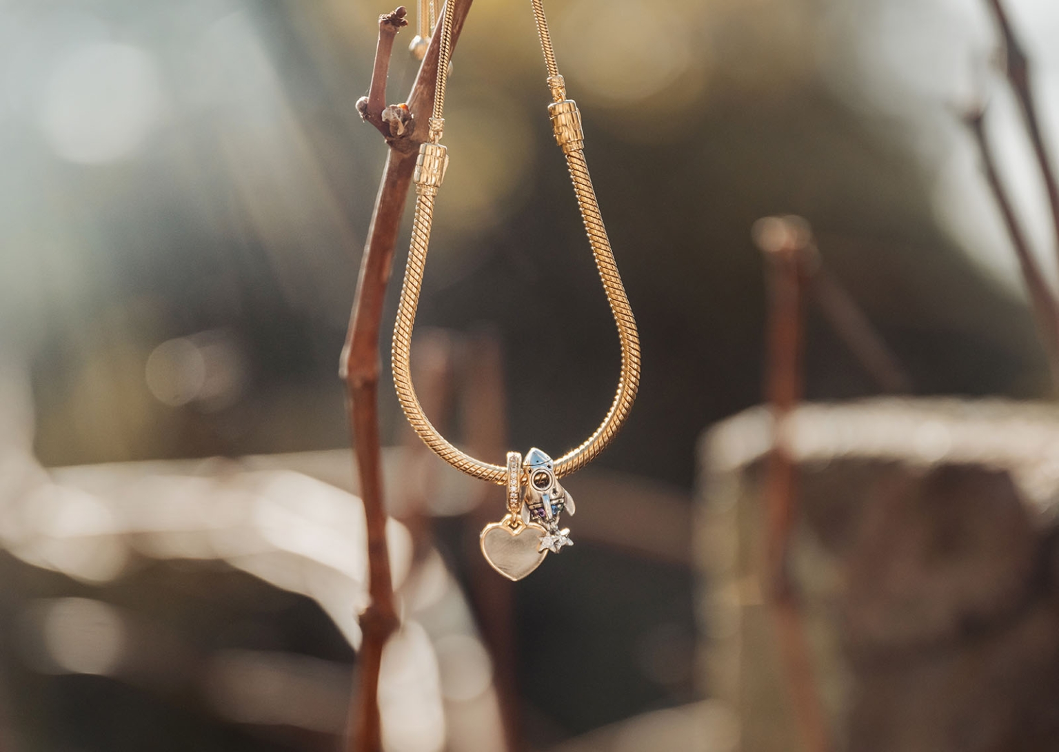 the manor wedding - crystal & mackenzie 15 Gold charm bracelet with heart, rocket, and star charms hanging on branches.