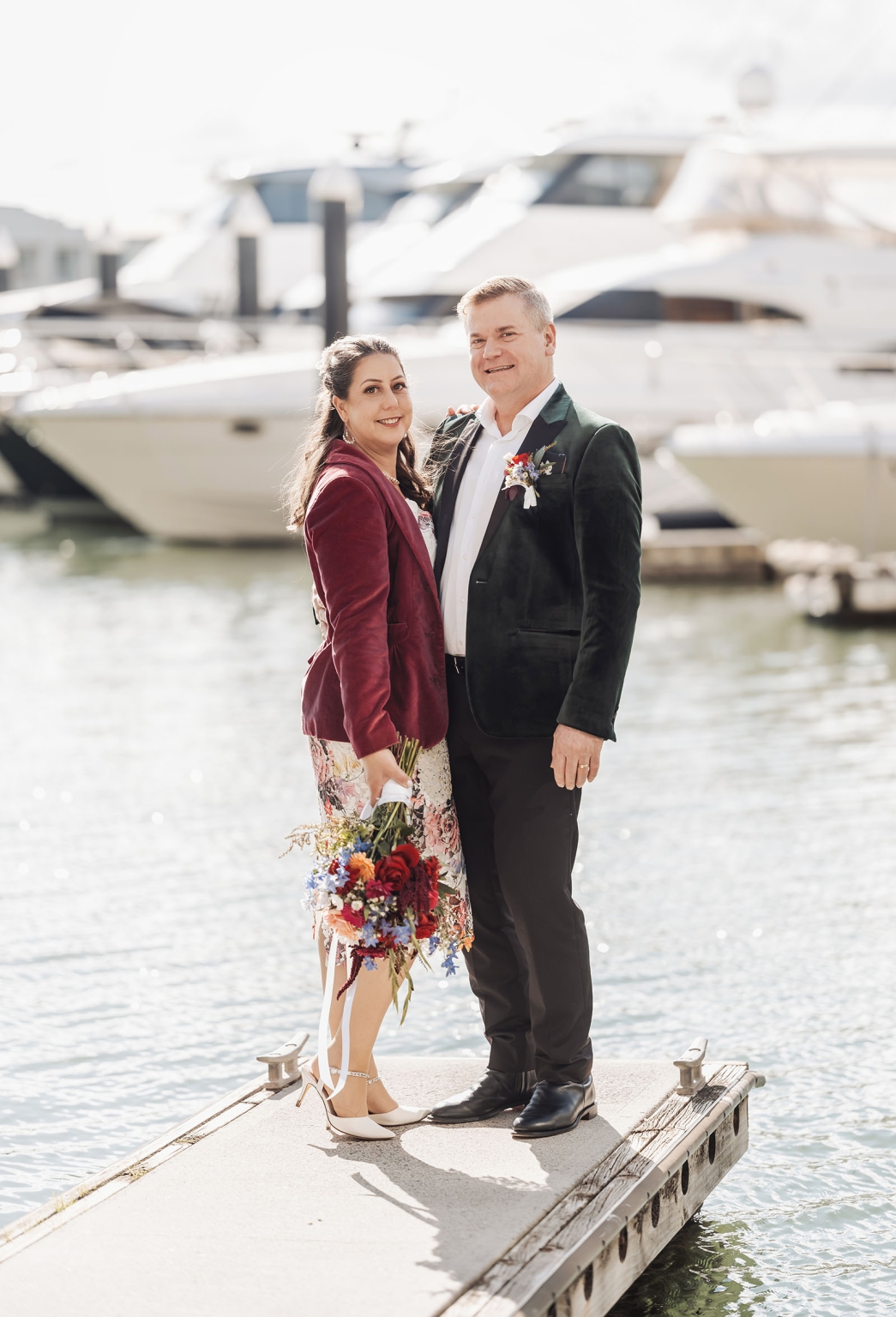 sa marriage office wedding – melissa & kyran 216 Wedding couple portrait on marina dock with yachts, bouquet, and formal attire.