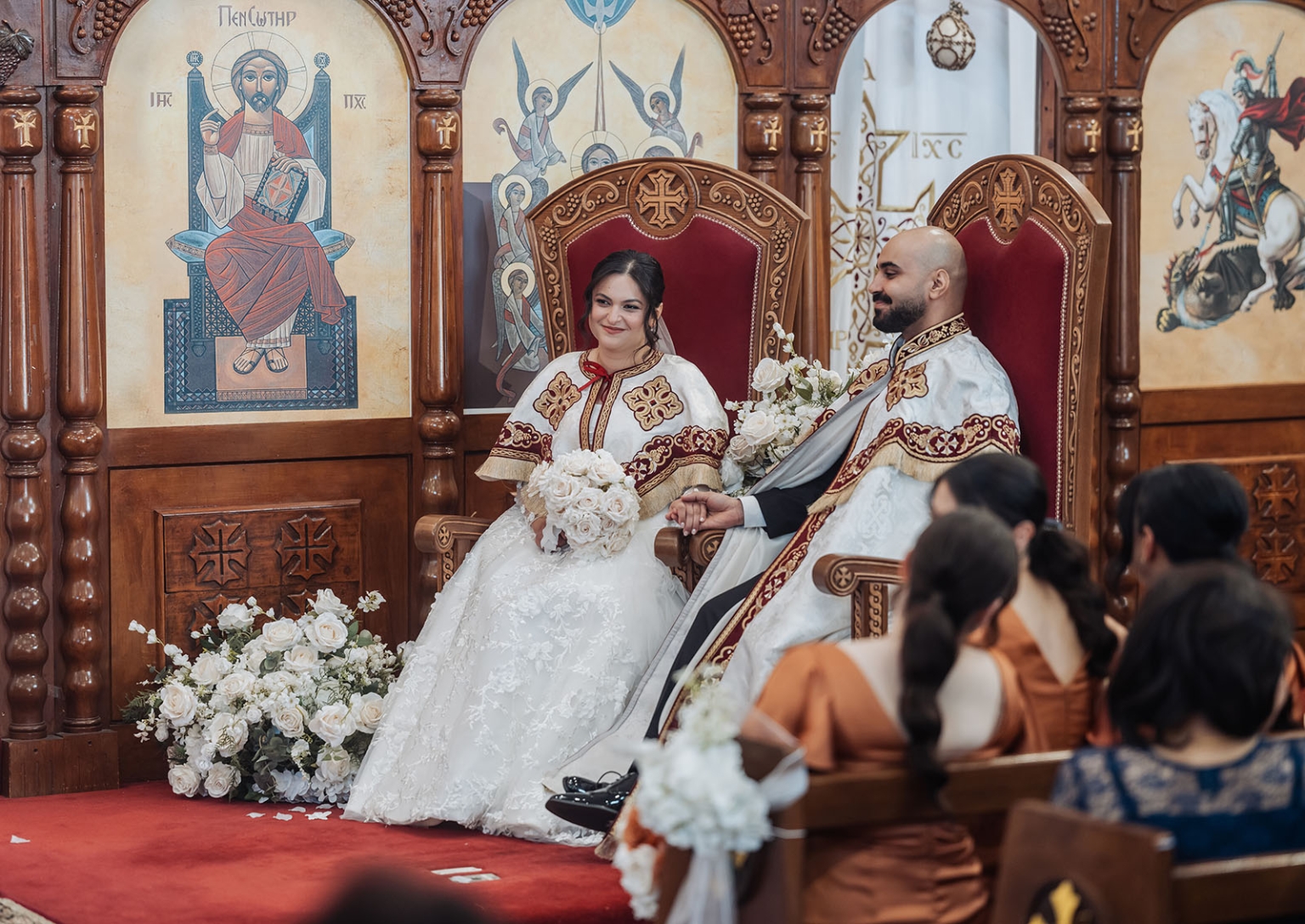 st george & st shenouda coptic church wedding - carmina & bill 40 Orthodox church wedding ceremony with bride and groom in ceremonial robes.