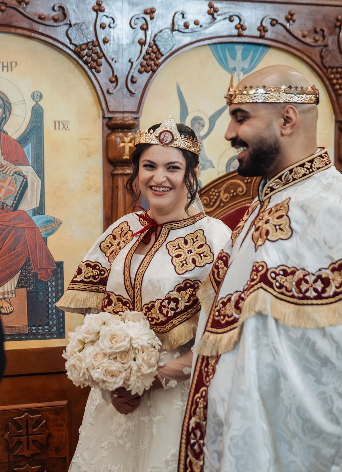 st george & st shenouda coptic church wedding - carmina & bill 46 Orthodox wedding bride and groom wearing crowns in ornate church ceremony.