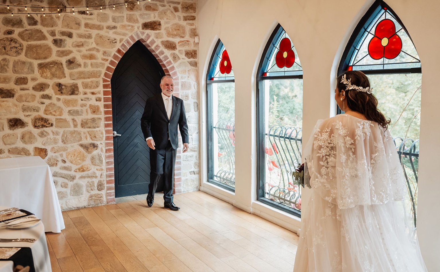basket range wedding at the manor - leah & wes 13 Bride and groom first look in rustic chapel wedding venue.