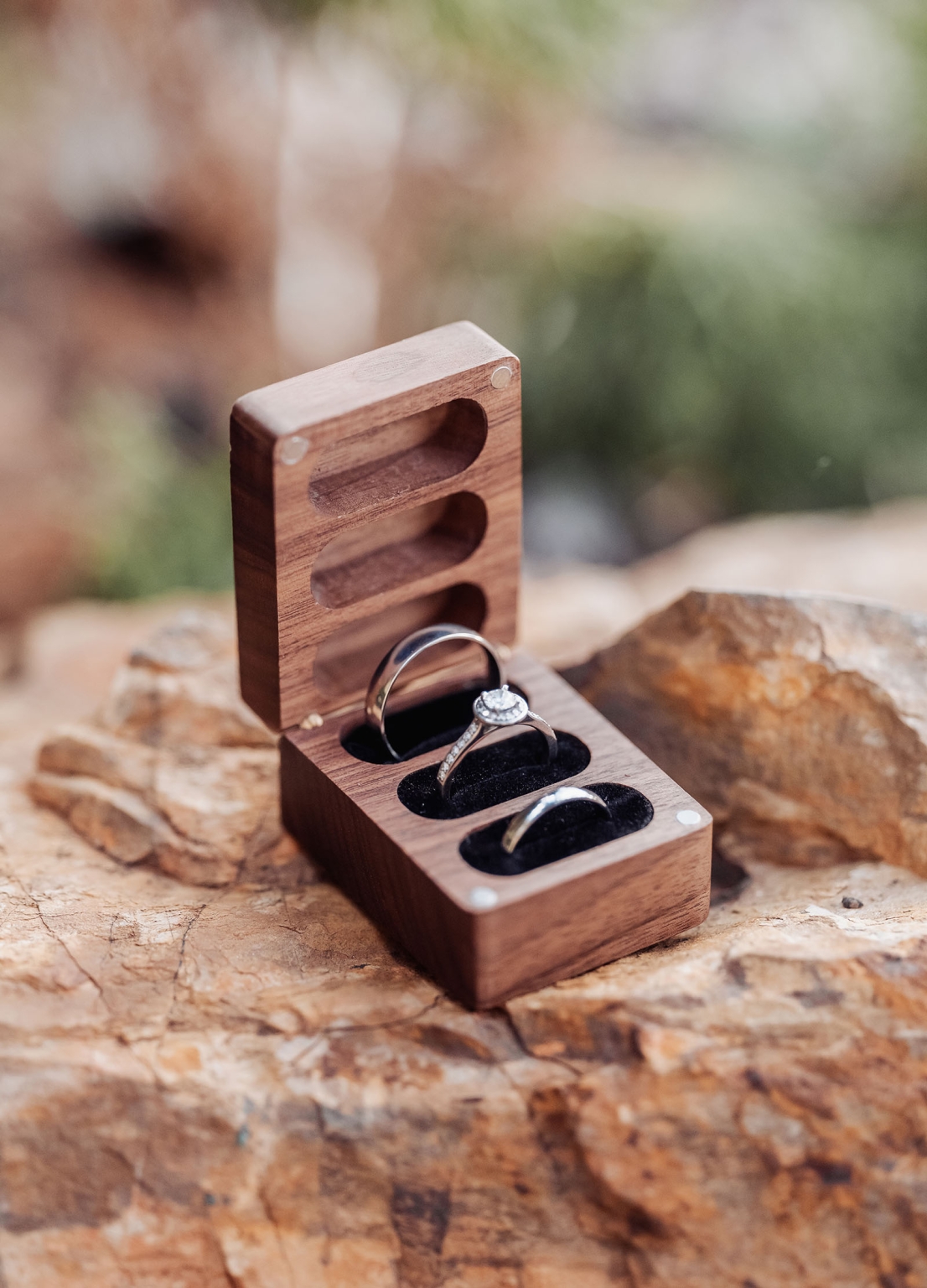 loxton's st peter's church wedding - madeline & brayden 16 Rustic wooden ring box with diamond engagement ring and wedding bands.