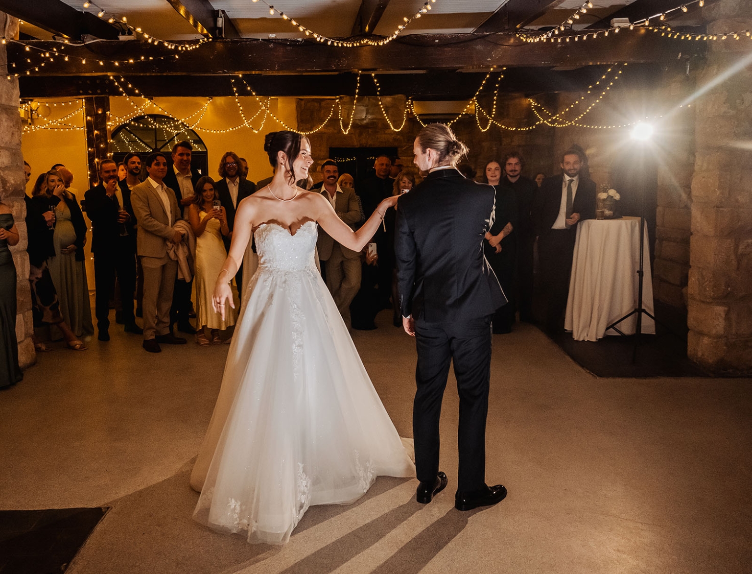 the manor wedding - crystal & mackenzie 92 Bride and groom first dance at rustic wedding reception.