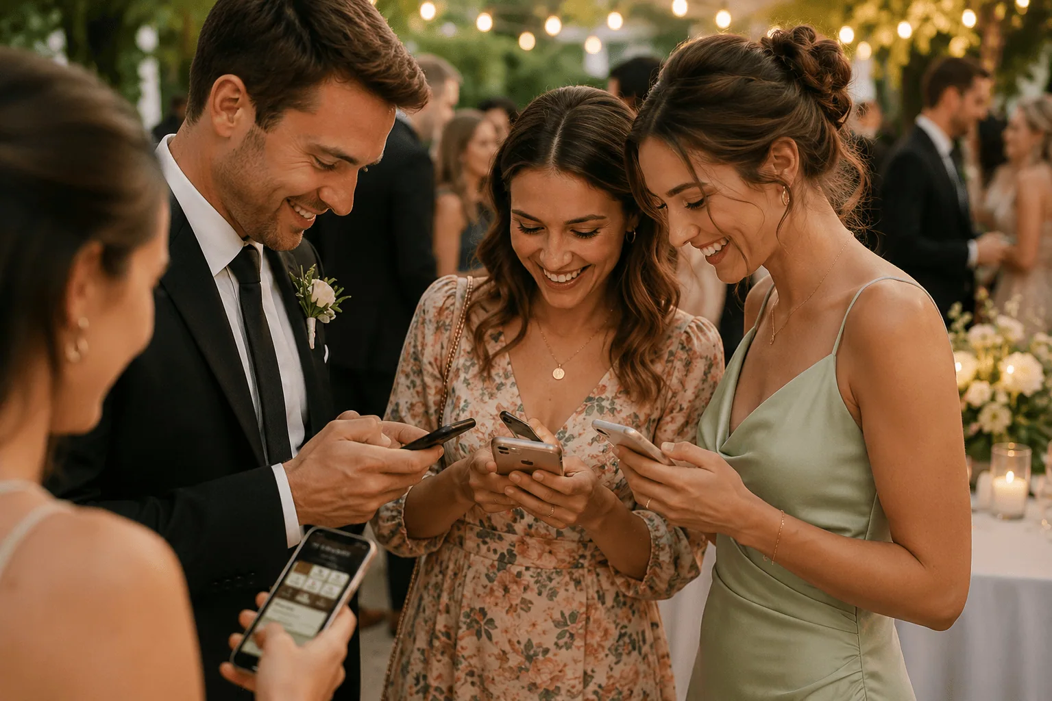 happlee qr | digital wedding guestbook, wishing well & photo sharing qr code 1 Wedding guests use Happlee QR to share photos on smartphones.