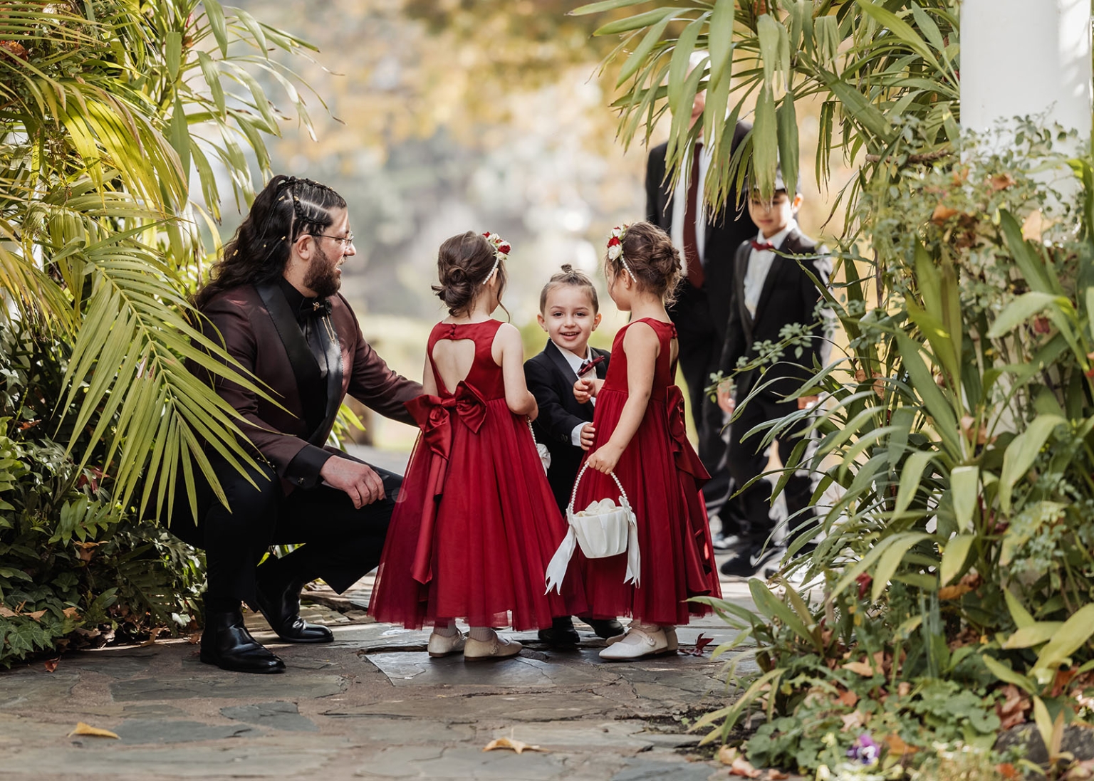 basket range wedding at the manor - leah & wes 35 Wedding party children on a lush garden path with flower girls and ring bearer.