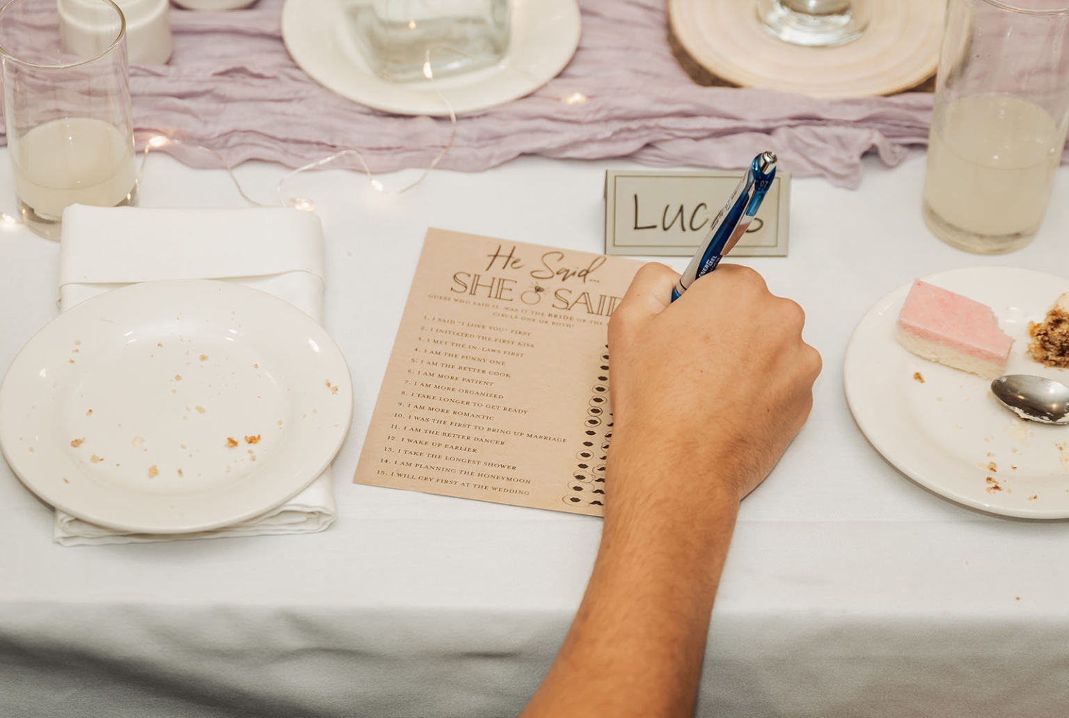 loxton's st peter's church wedding - madeline & brayden 67 Wedding shower He Said She Said game card at elegant reception table.