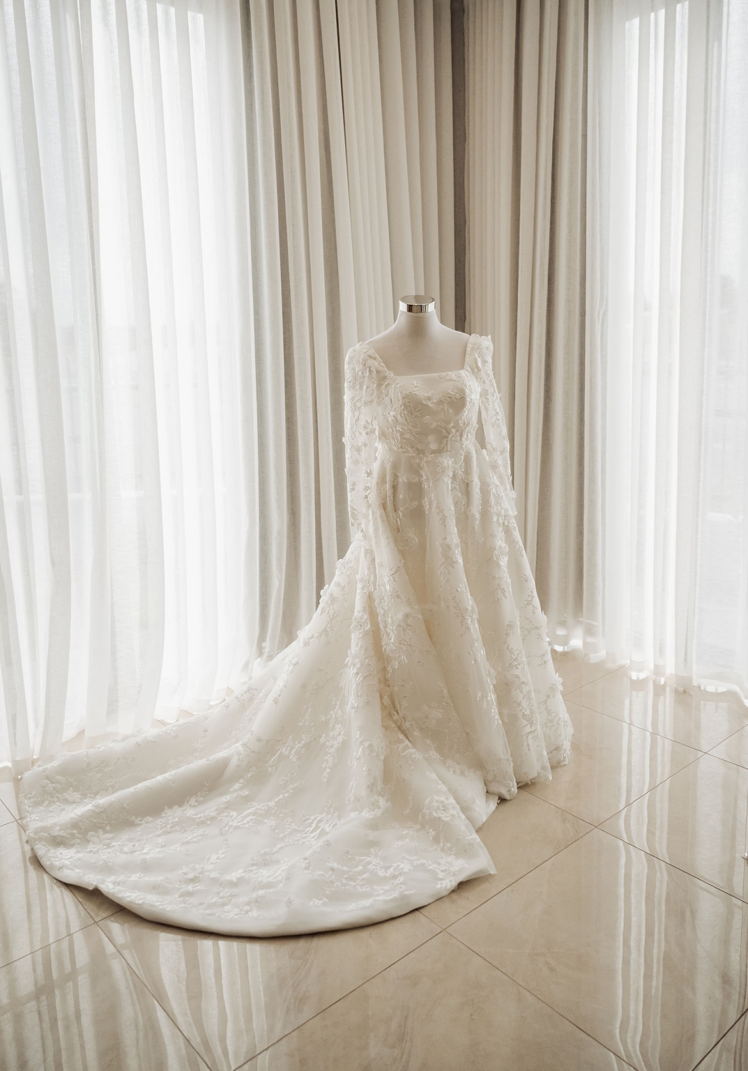 st george & st shenouda coptic church wedding - carmina & bill 18 White floral lace wedding gown with long sleeves and sweeping train.