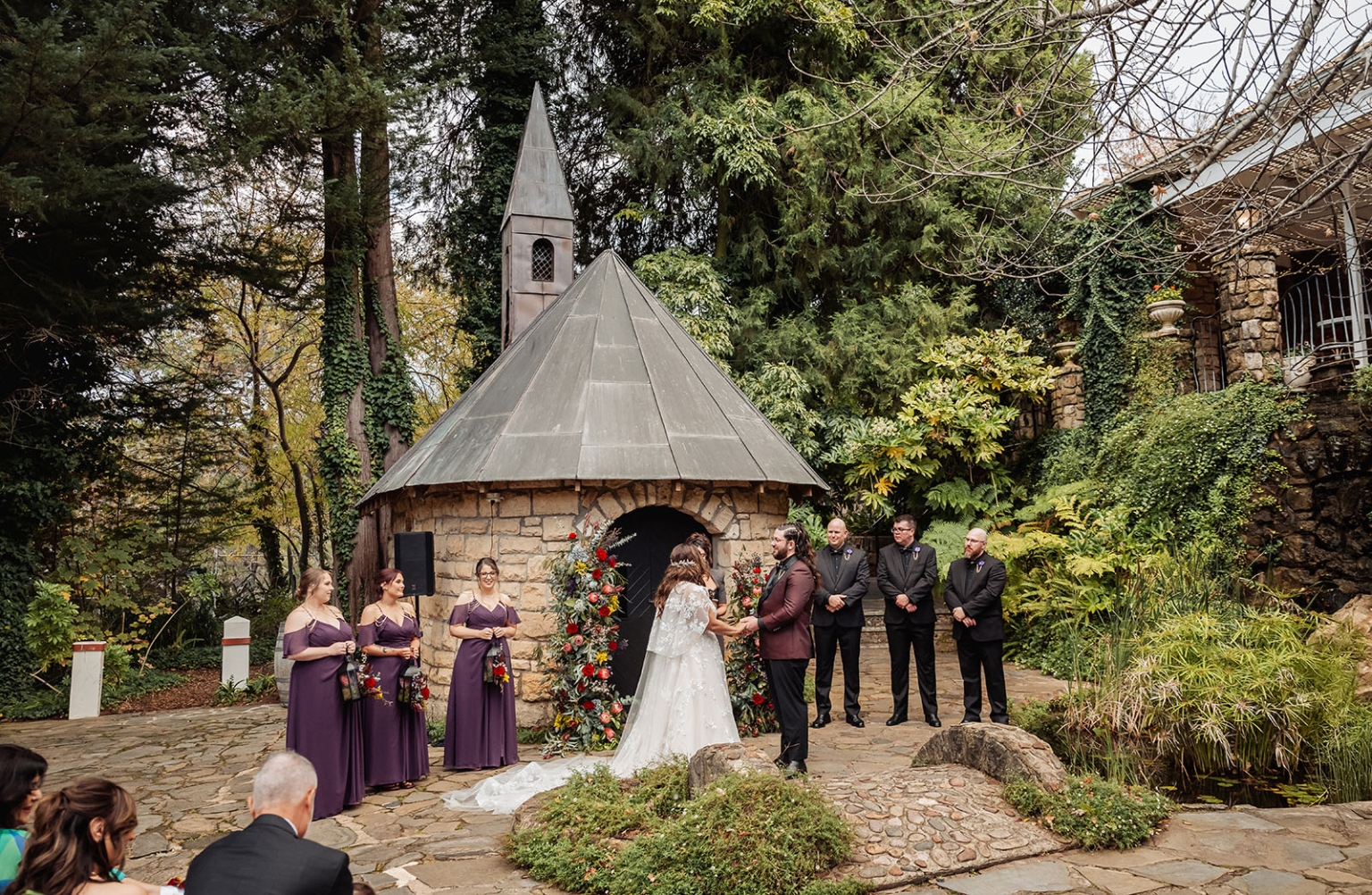 basket range wedding at the manor - leah & wes 48 Woodland garden wedding ceremony at stone chapel with bride, groom, and autumn florals.