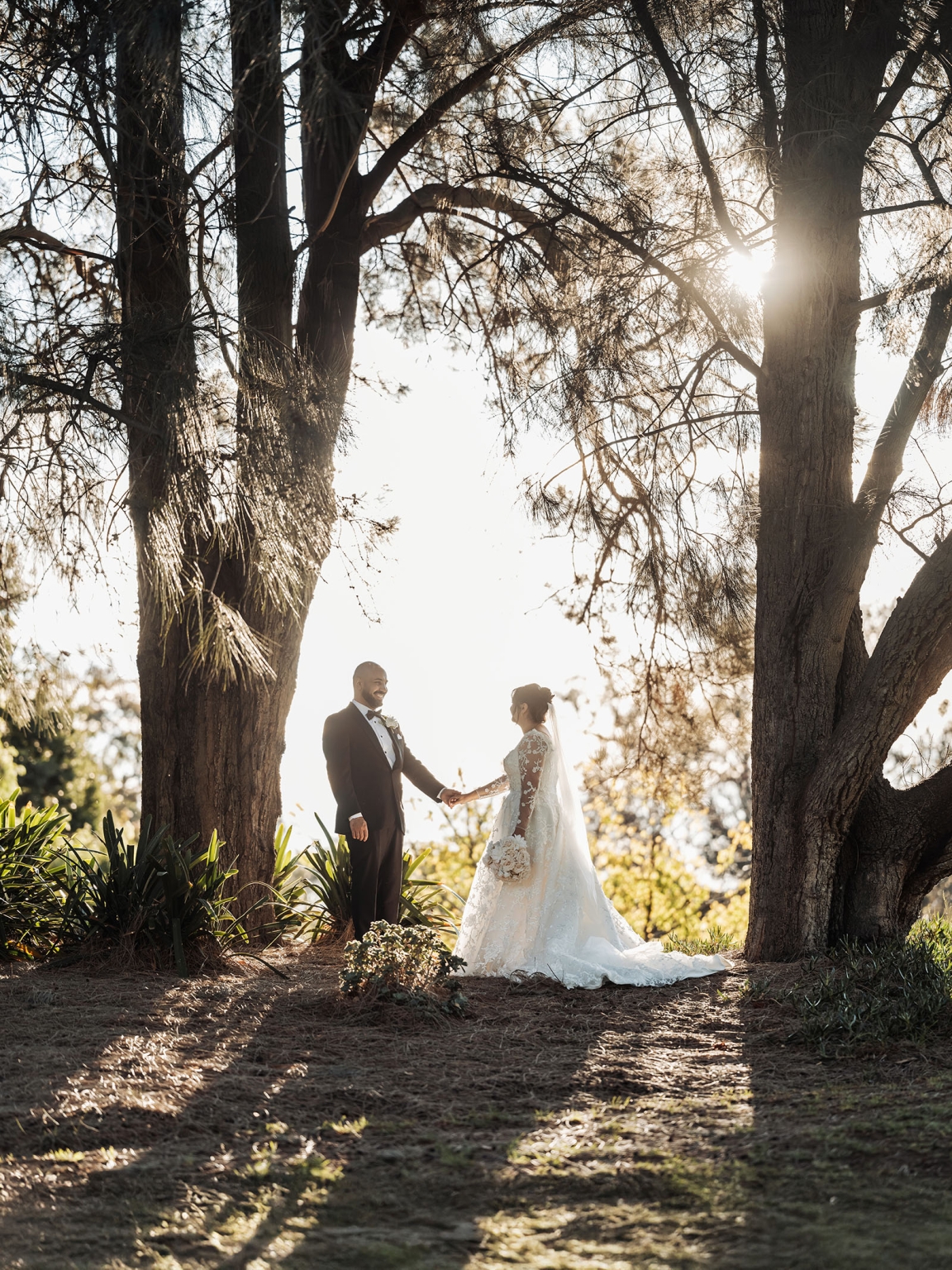st george & st shenouda coptic church wedding - carmina & bill 59 Woodland wedding portrait of bride and groom under sunlit trees.