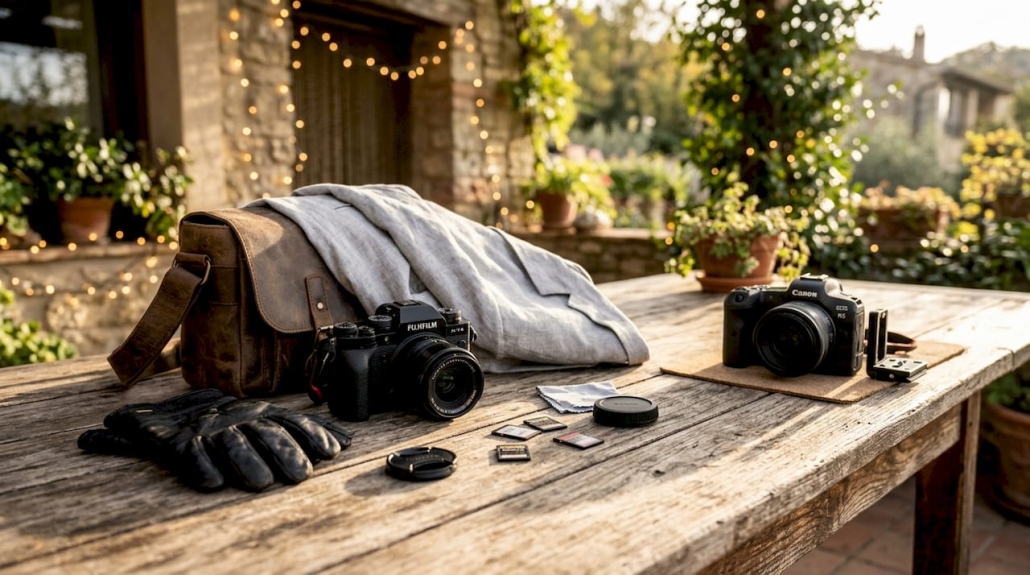 why include a second photographer at your wedding 5 Professional wedding photography cameras on rustic table