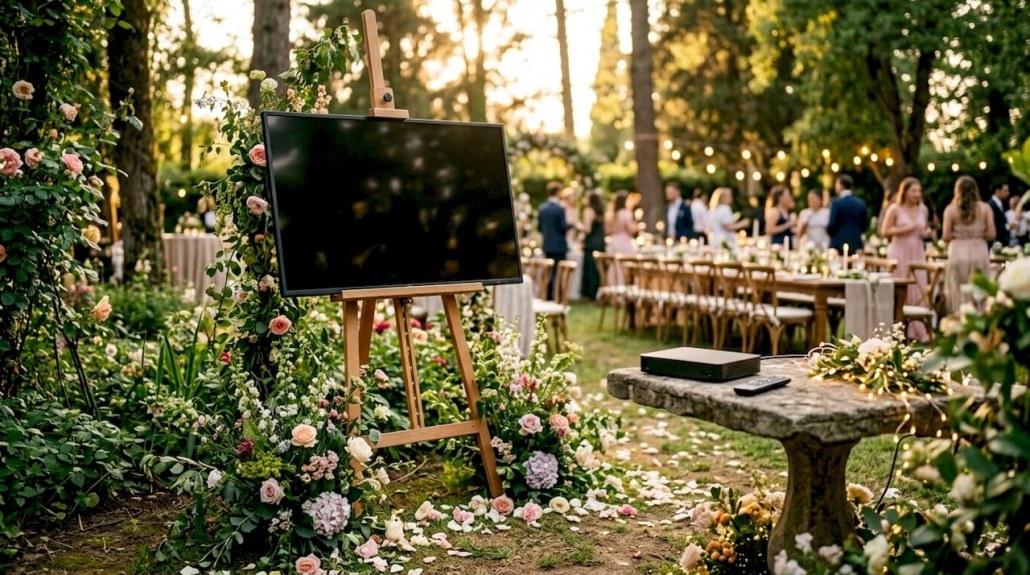 what is a same day wedding slideshow? 4 Wedding slideshow display setup in reception hall