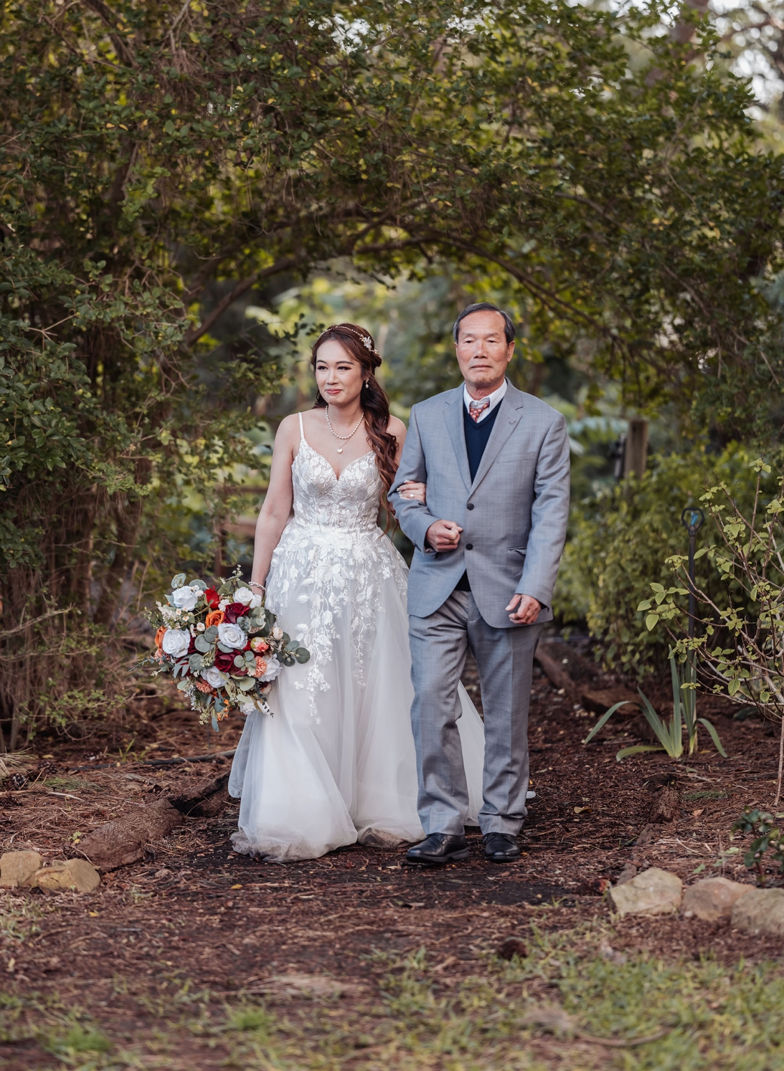 wedding at al-ru farm – teresa & thomas 17 Bride and father walk down garden aisle at outdoor wedding.