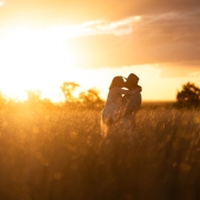 Caitlin and Adam embracing in a grassy field at sunset during their Capella farm wedding