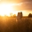 Caitlin and Adam embracing in a grassy field at sunset during their Capella farm wedding