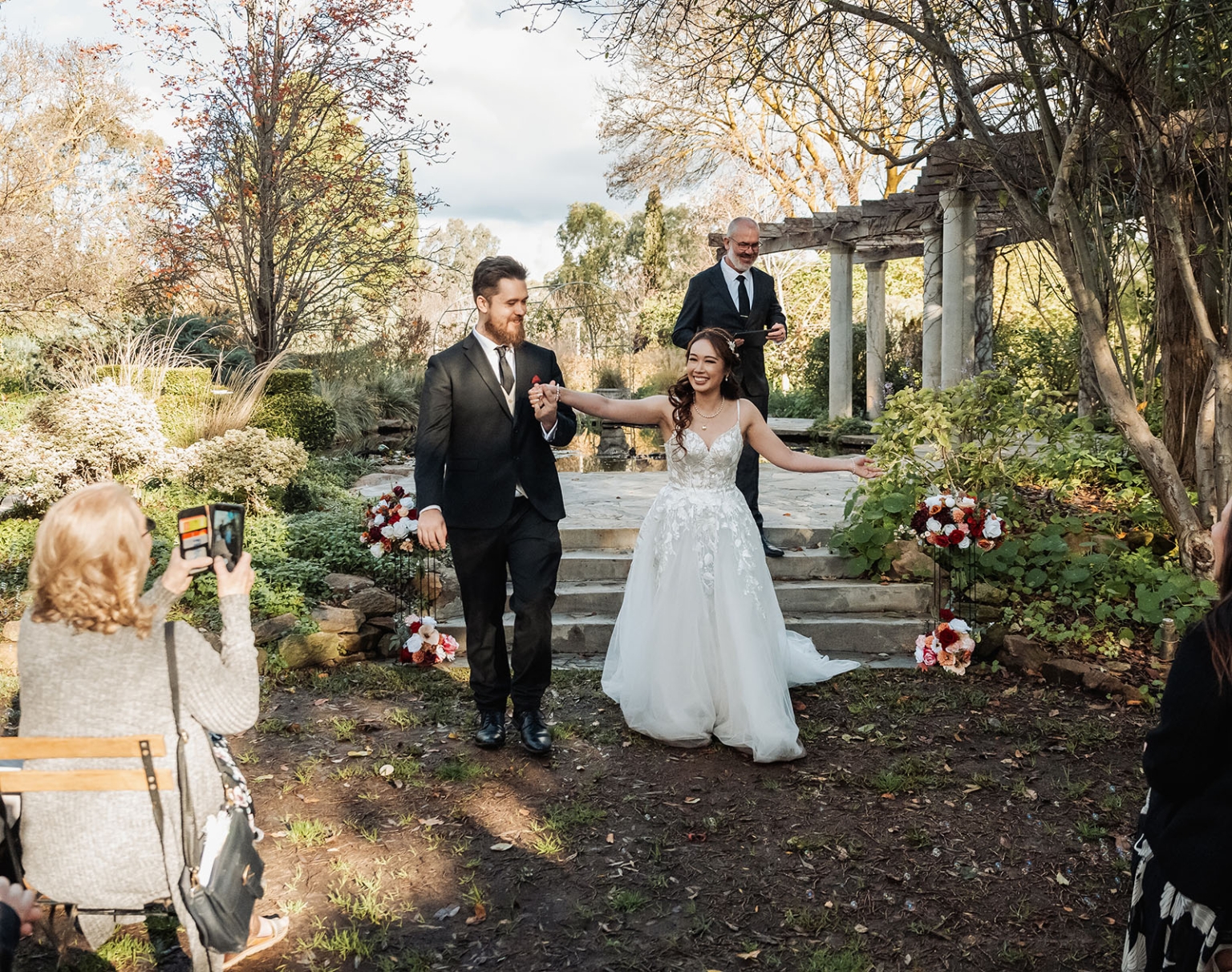 wedding at al-ru farm – teresa & thomas 27 Joyful bride and groom at romantic garden wedding ceremony.