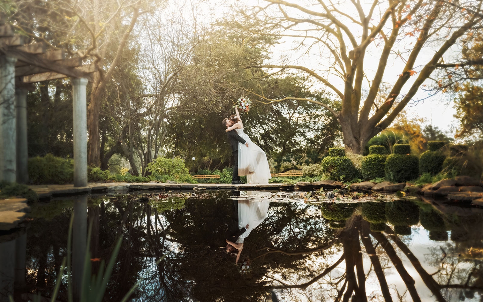wedding at al-ru farm – teresa & thomas 38 Bride and groom garden wedding portrait reflected in pond.