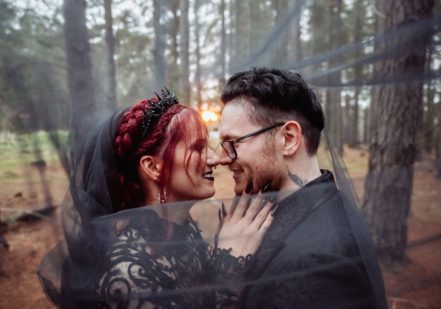 kuitpo hall wedding - courtney & jarrod 250 Gothic couple in forest portrait with black veil, crown, and romantic woodland wedding style.