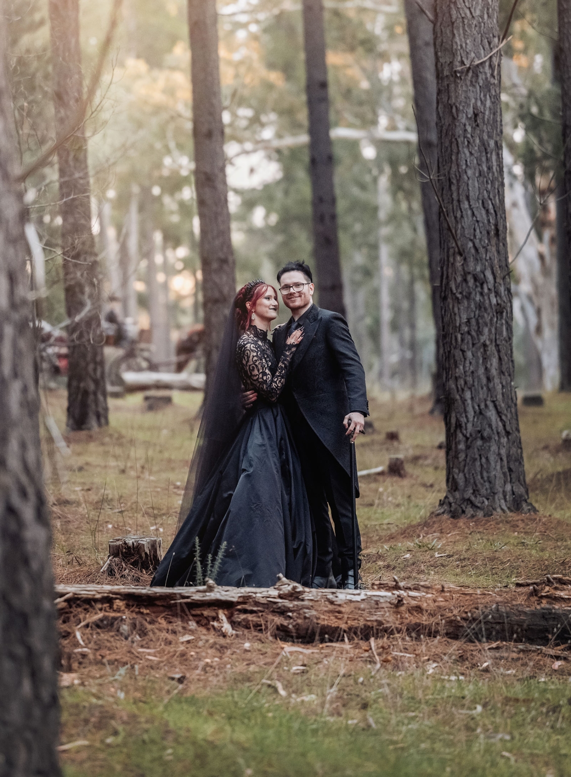 kuitpo hall wedding - courtney & jarrod 243 Gothic couple wedding portrait in a moody forest with black formal attire.