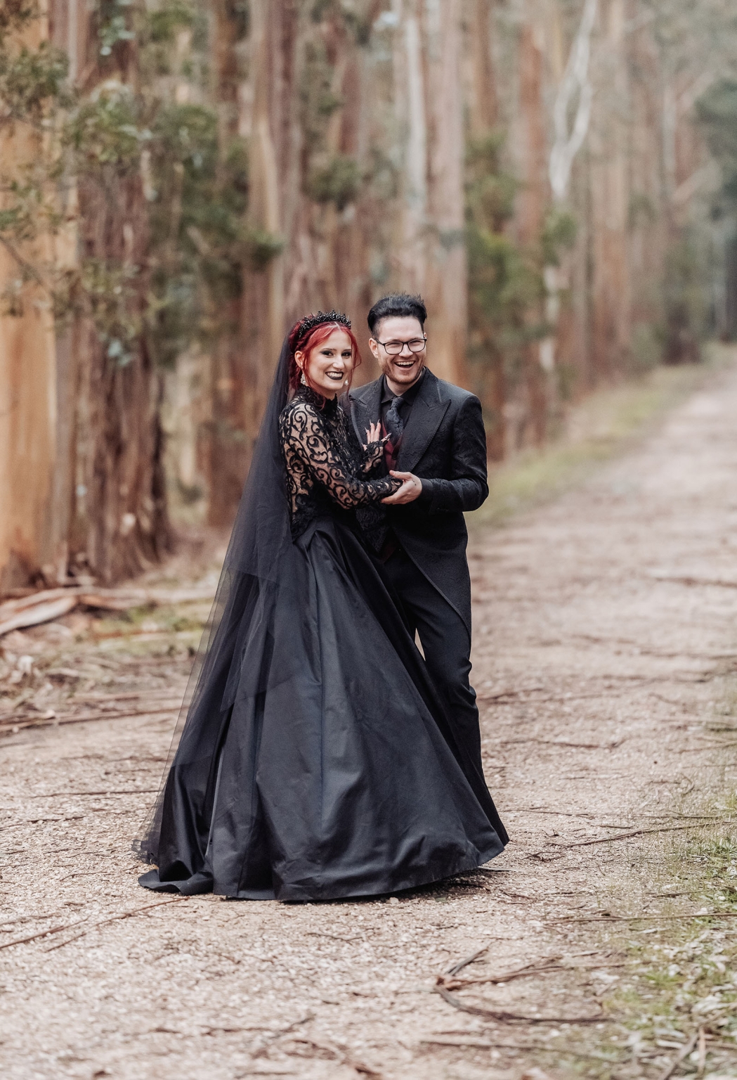 kuitpo hall wedding - courtney & jarrod 241 Gothic forest wedding portrait of a couple in black bridal attire.