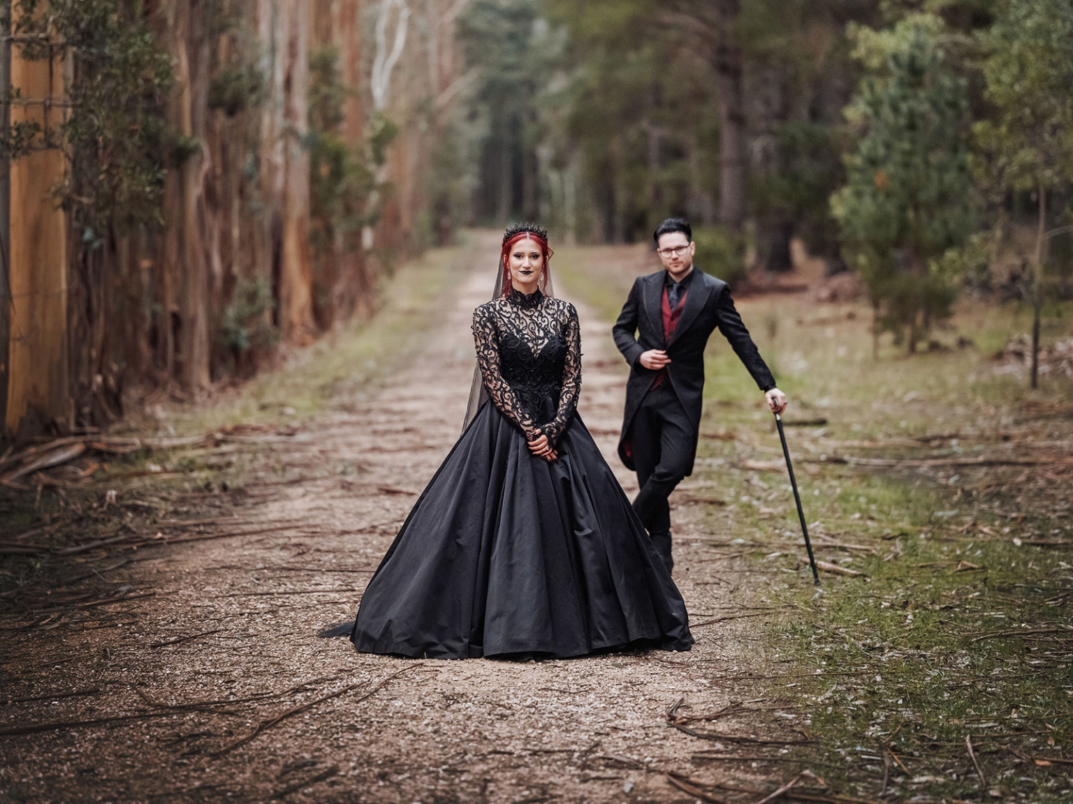 kuitpo hall wedding - courtney & jarrod 240 Gothic forest wedding portrait of couple in black Victorian attire.