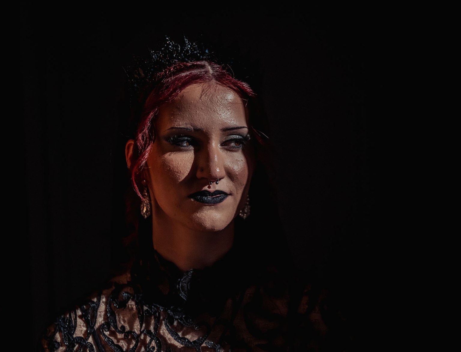 kuitpo hall wedding - courtney & jarrod 214 Gothic portrait of a dark-crowned person with burgundy hair and black lace.