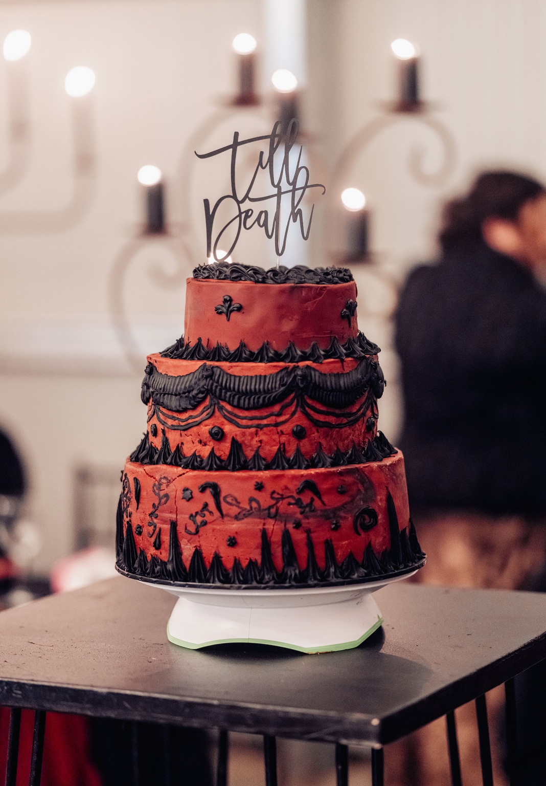 kuitpo hall wedding - courtney & jarrod 259 Gothic red wedding cake with black piping and till death topper.