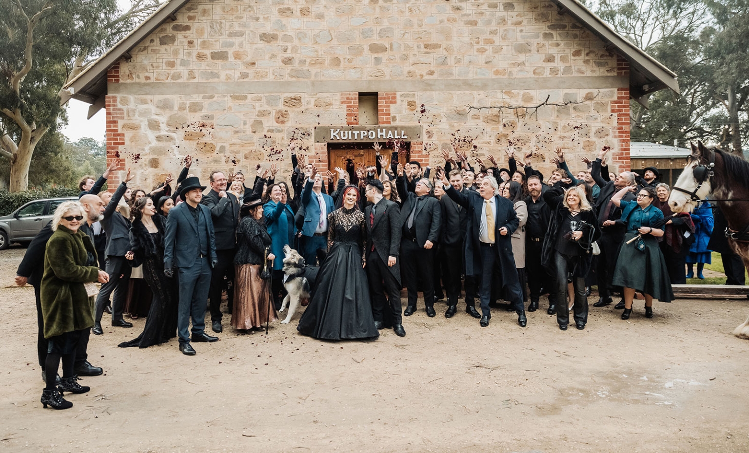 kuitpo hall wedding - courtney & jarrod 232 Gothic wedding guests celebrate outside Kuitpo Hall with black confetti and horse.