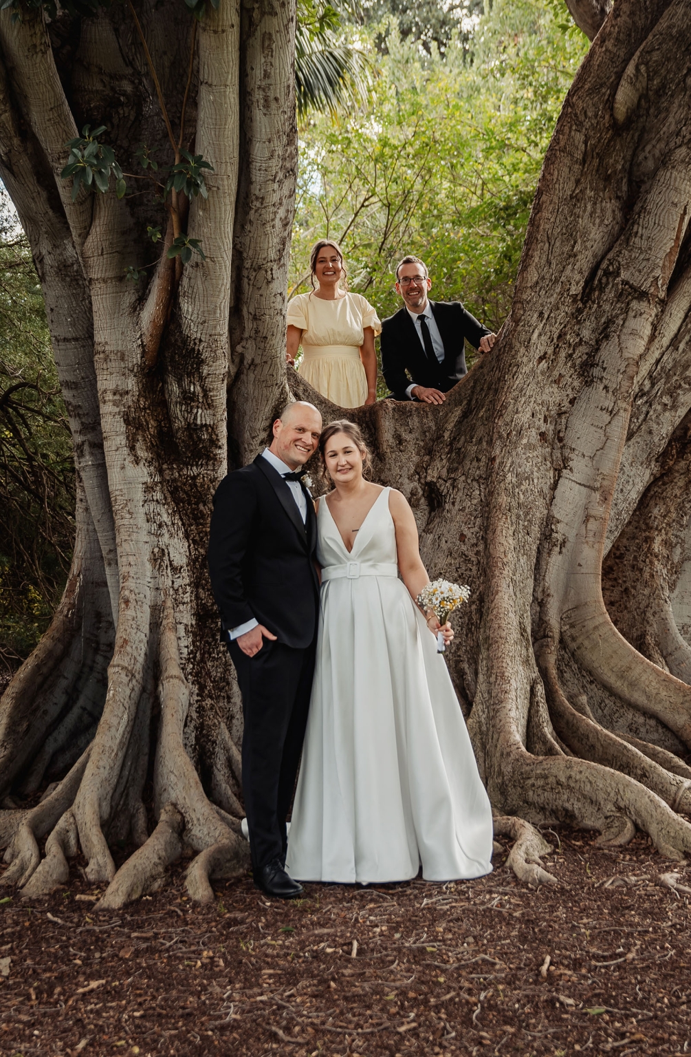 marriage registration office wedding - mia & roberto 77 Mia and Roberto with two wedding guests among the sprawling roots of a Moreton Bay fig tree in Adelaide Botanic Park