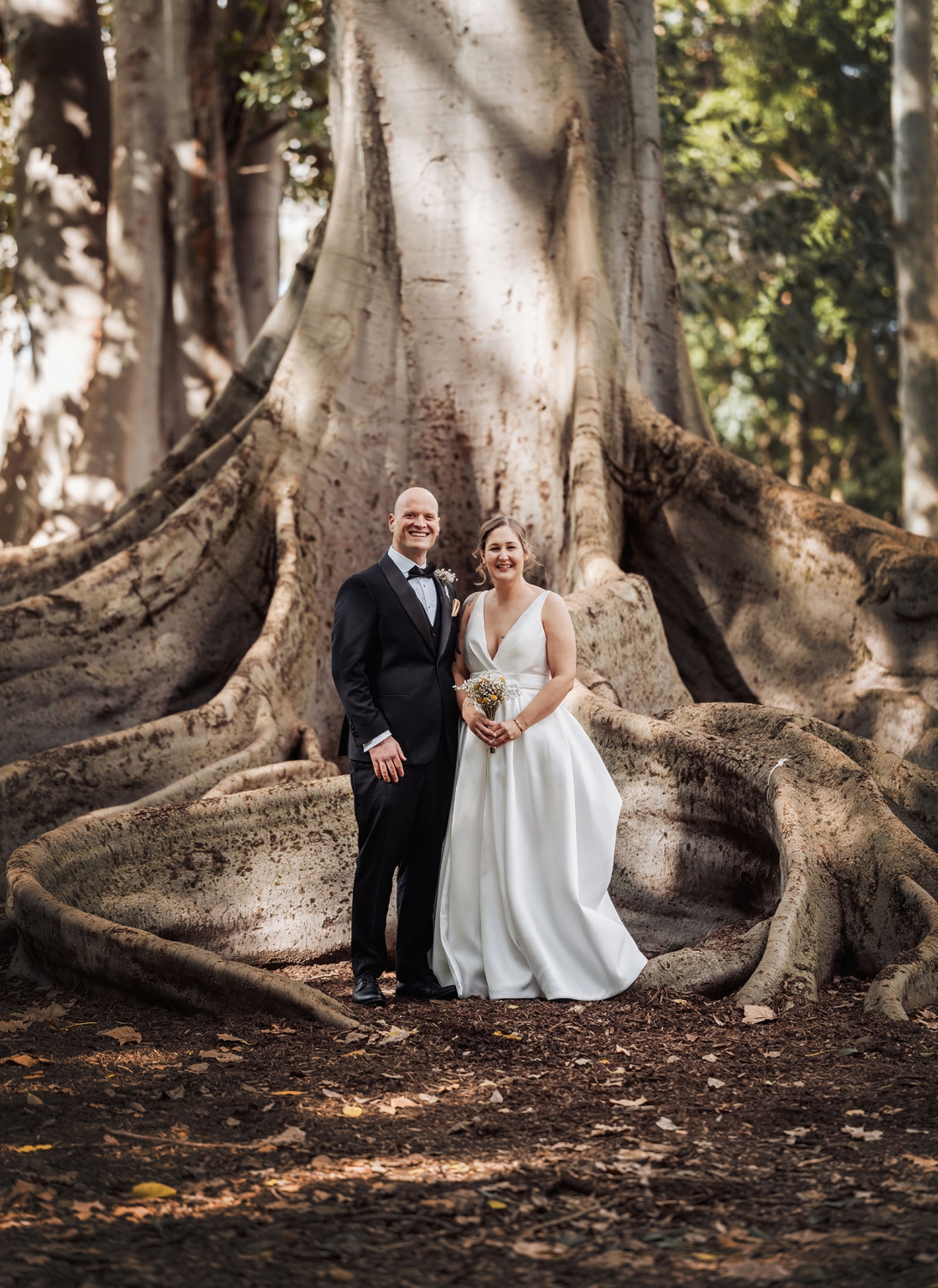 marriage registration office wedding - mia & roberto 54 Mia and Roberto standing beneath the sprawling roots of a Moreton Bay fig tree in Adelaide Botanic Park