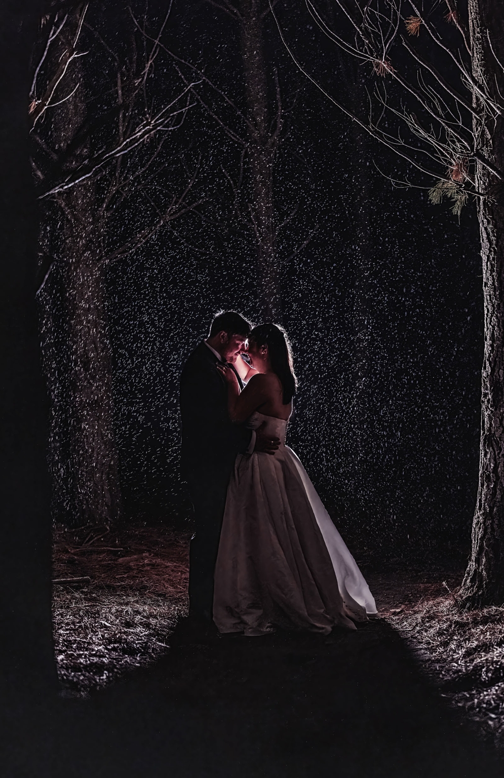 Bride and groom embracing beneath tall trees in the rain at night