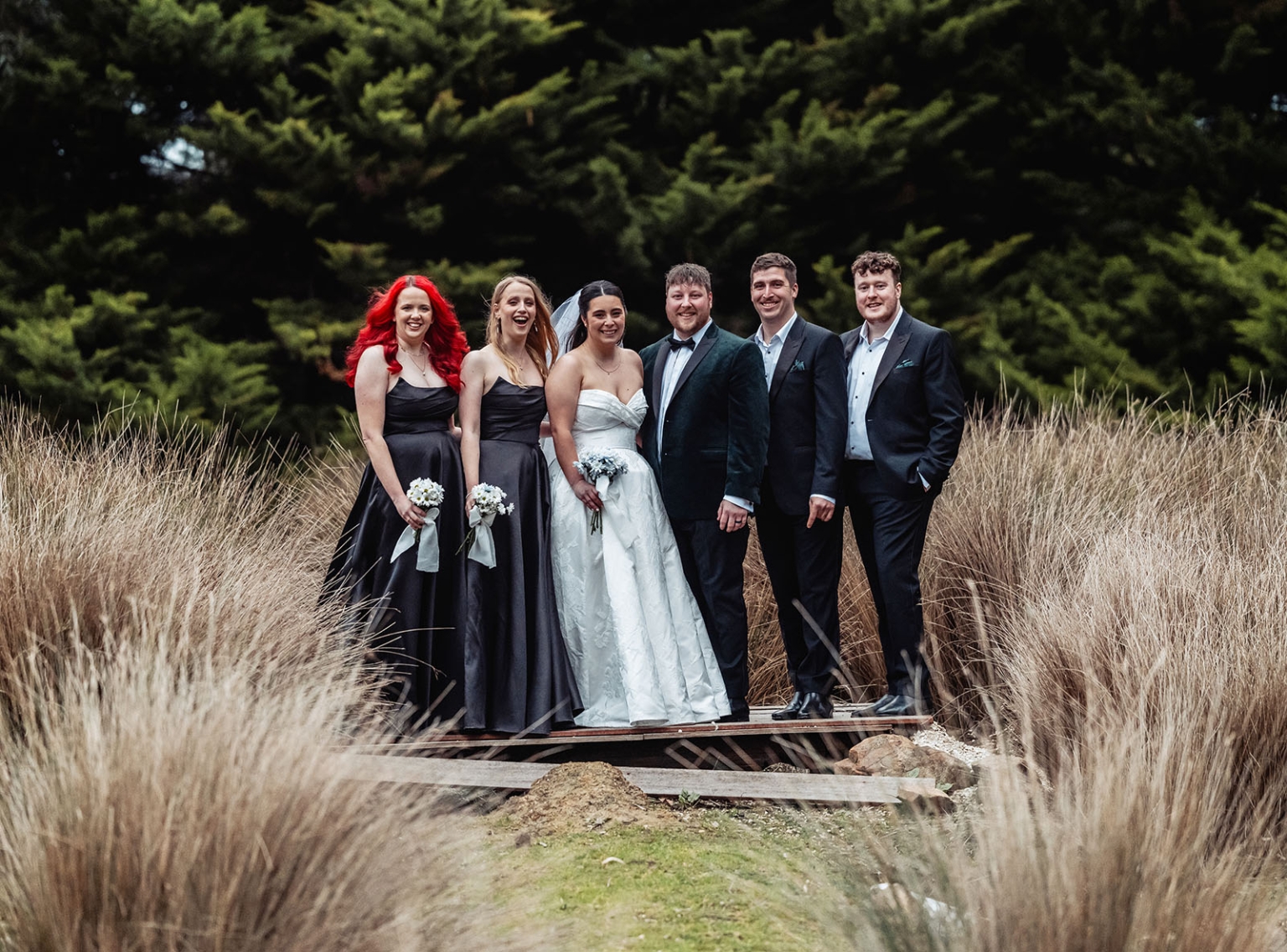 Bride and groom with three attendants standing on a small timber bridge amid tall grass and trees at Barristers Block