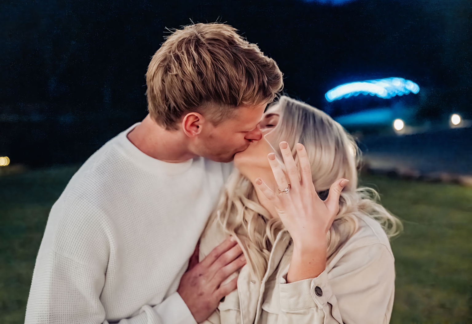 tiny house on the prairie proposal - kyle & bianca 10 Kyle and Bianca kissing at night, with Bianca holding up her hand to show her engagement ring