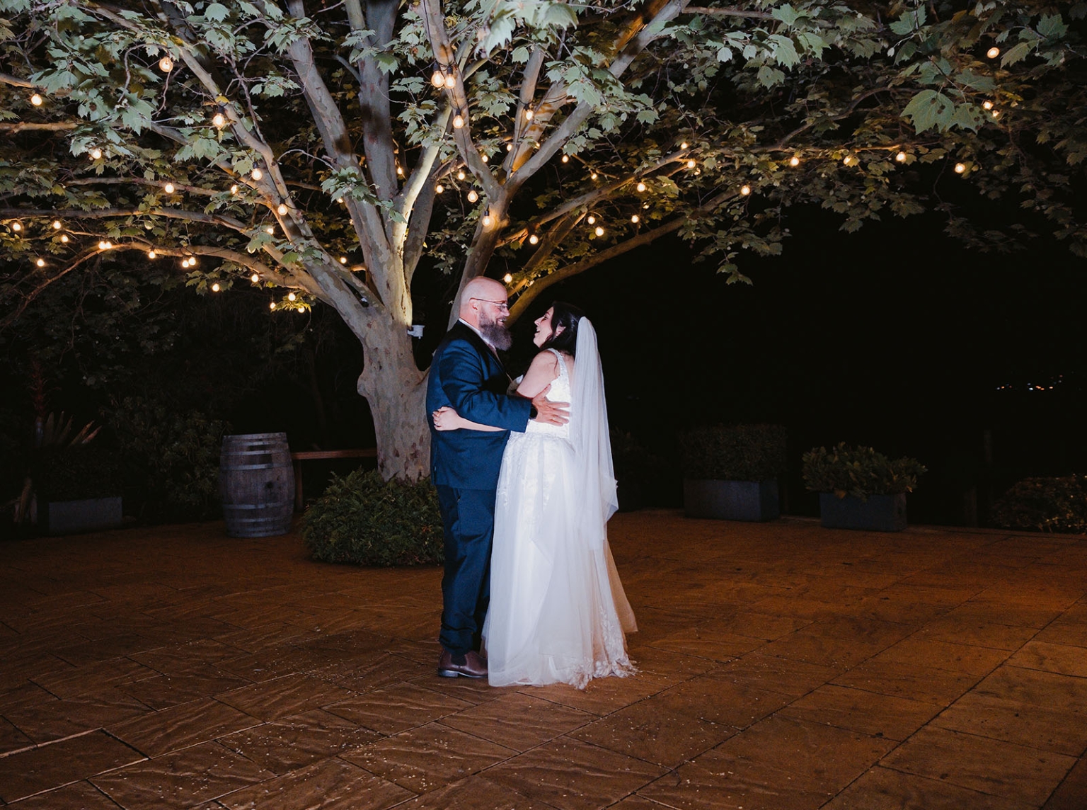 beach road winery wedding – alysha & nik 54 Alysha and Nik embrace beneath a tree lit with festoon lights during their evening wedding celebration at Beach Road Winery.