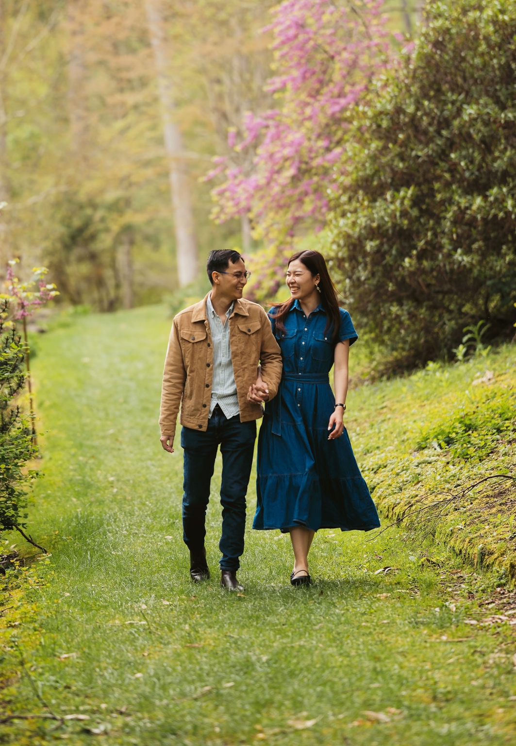 mt lofty botanic park proposal – watay & phouthun 20 Watay and Phouthun holding hands and walking along a grassy path lined with flowering shrubs at Mount Lofty Botanic Garden