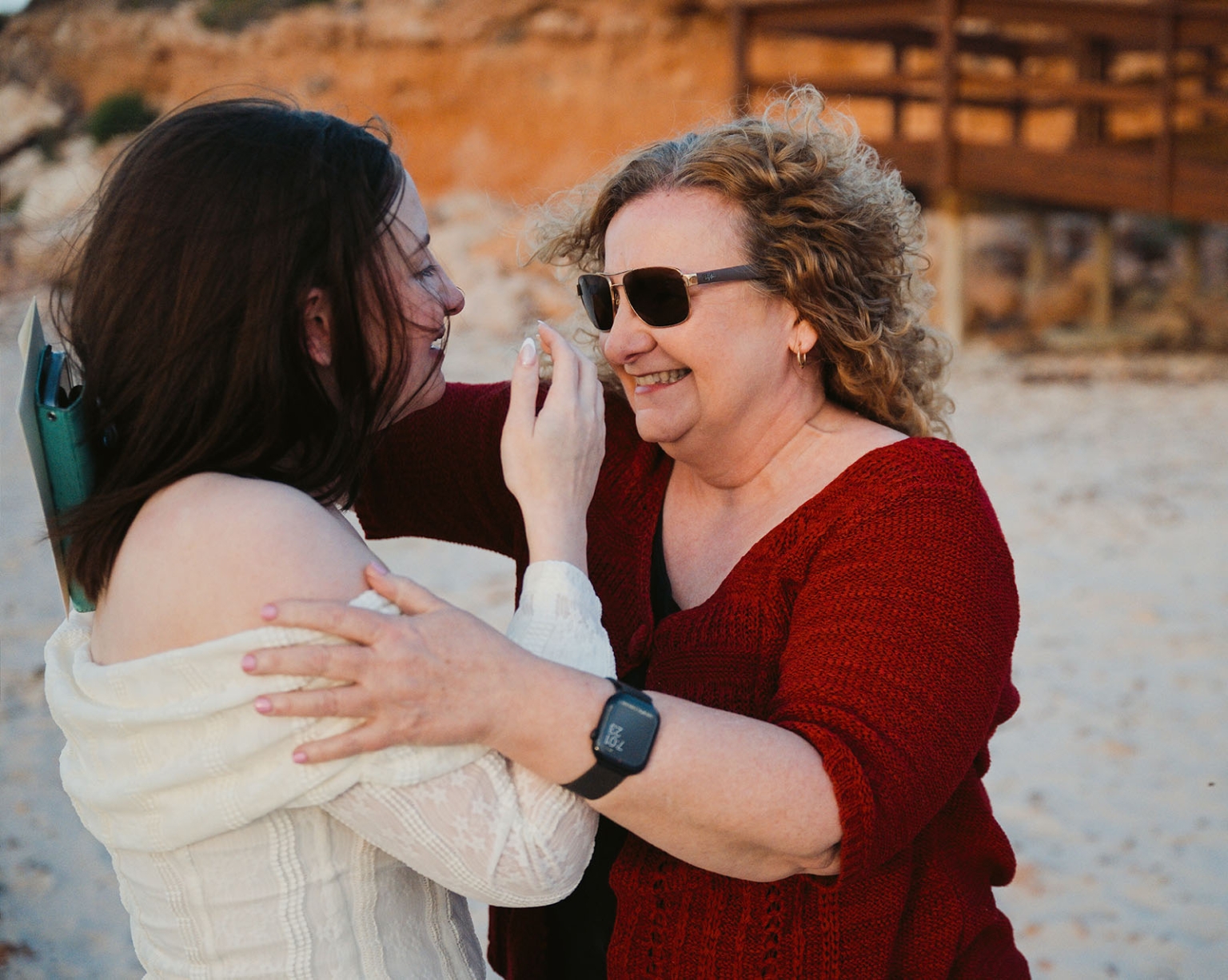 moonta's simms cove proposal – zoe & nathan 10 Zoe embracing a smiling family member after the Simms Cove proposal in Moonta